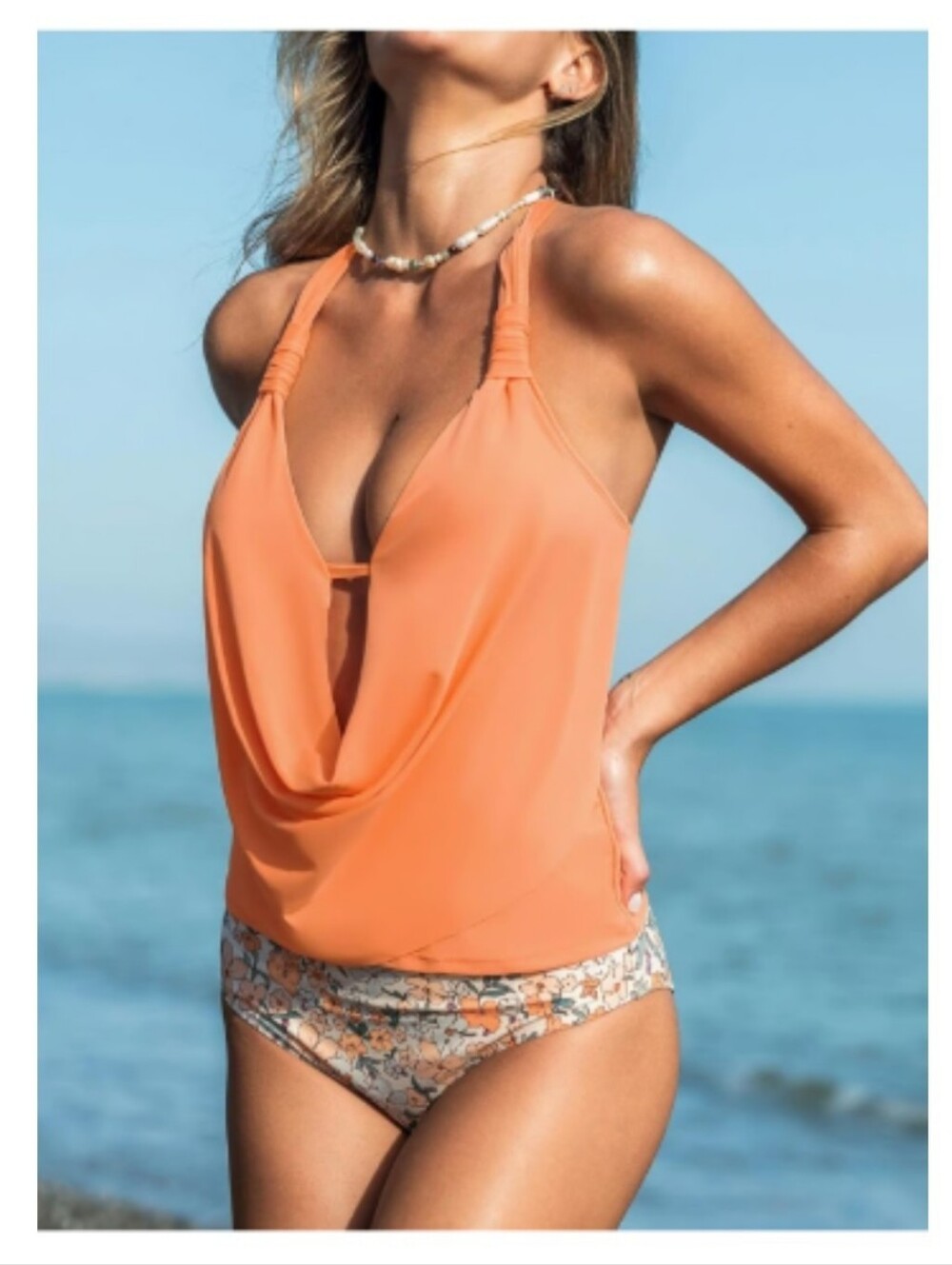 Nwt Women's Orange Viral Cupshe Halter Deep V Neck 2-pc. Tankini Set Size Large